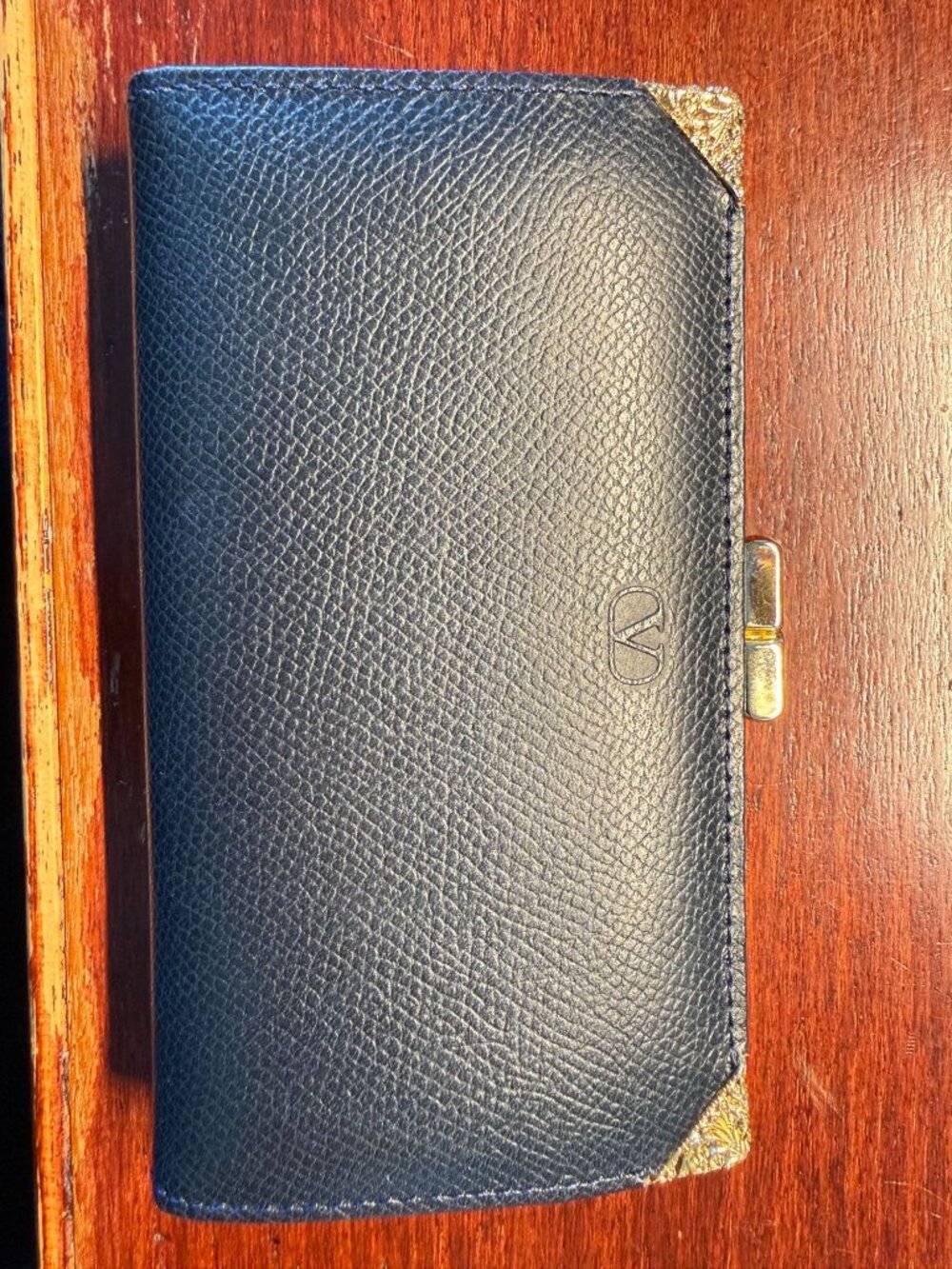 Vintage Valentino Garavani Navy Leather Kiss-Lock Frame Wallet Baroque Gold 5.5x